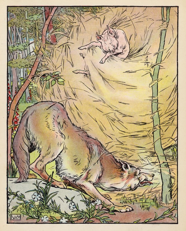 Ilustración de Los tres cerditos (litografía en color) de Leonard Leslie Brooke