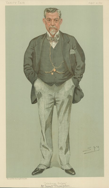 Sr. James Thompson, Ferrocarril de Caledonia, 15 de agosto de 1895, caricatura de Vanity Fair de Leslie Matthew Ward