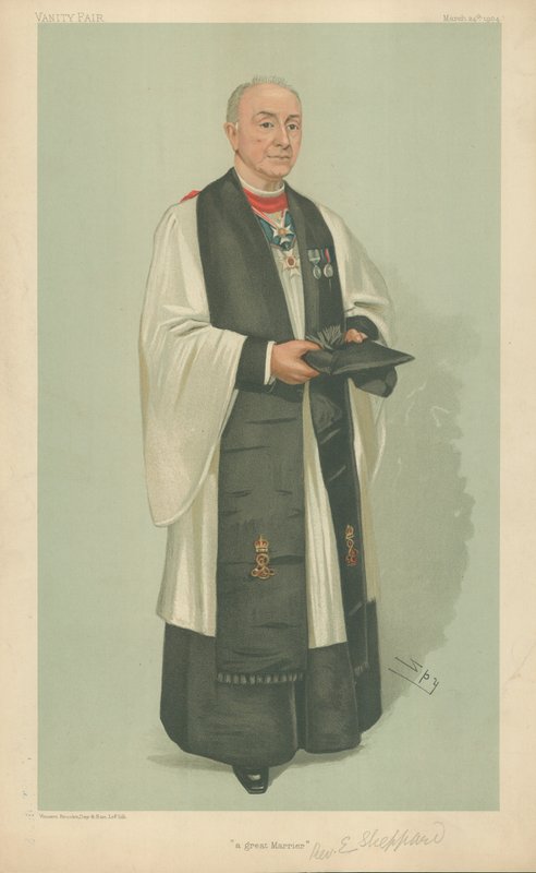 El Reverendo Edgar Sheppard, un gran casamentero, 24 de marzo de 1904, caricatura de Vanity Fair de Leslie Matthew Ward