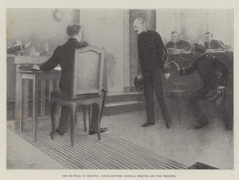 El nuevo juicio de Dreyfus, escena entre el General Mercier y el prisionero de Louis Remy Sabattier