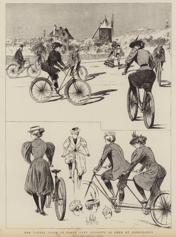 La última moda en París, ciclistas femeninas vistas en Longchamps de Louis Vallet