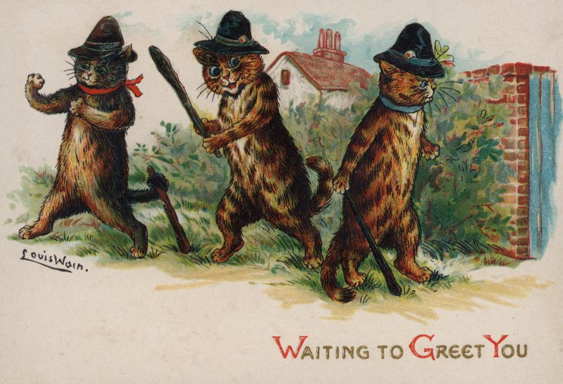 Tres gatos esperando para saludarte de Louis Wain