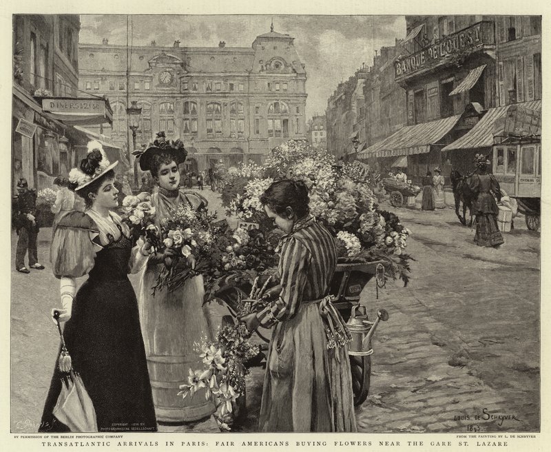 Llegadas transatlánticas en París, estadounidenses comprando flores cerca de la Gare St Lazare de Louis de Schryver