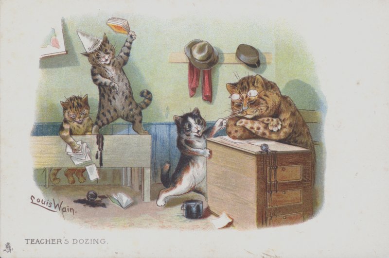Gatos en un aula: el maestro está dormitando y los estudiantes se están portando mal (cromolitografía) de Louis (after) Wain