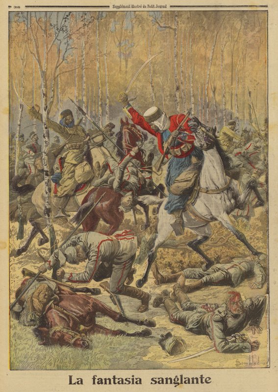 Goumiers argelinos del ejército francés derrotando a un grupo más grande de caballería alemana, Primera Guerra Mundial de Louis Charles (after) Bombled