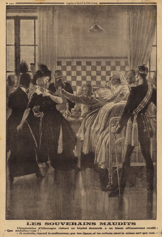 Reacción airada de un soldado herido en el hospital ante la visita de la emperatriz Augusta Victoria, Primera Guerra Mundial de Louis Charles (after) Bombled