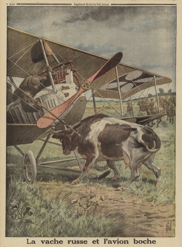 Vaca impidiendo que un avión alemán despegue, Lutsk, Rusia, Primera Guerra Mundial de Louis Charles (after) Bombled