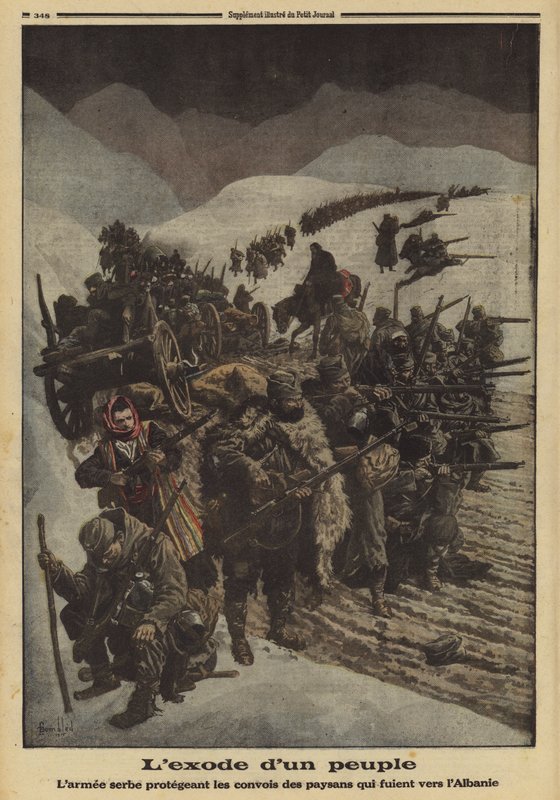 Éxodo de un pueblo: el ejército serbio protegiendo una columna de campesinos que huyen a Albania, Primera Guerra Mundial de Louis Charles (after) Bombled