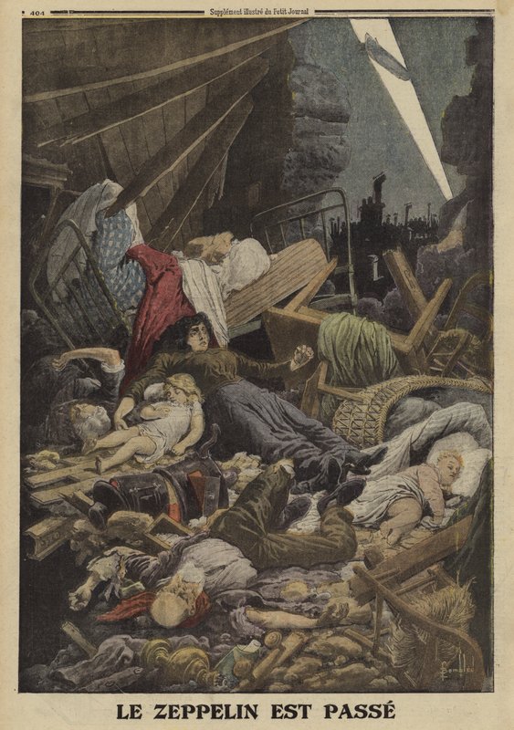 Familia muerta en un bombardeo por un zepelín alemán, Primera Guerra Mundial, 1916 de Louis Charles (after) Bombled