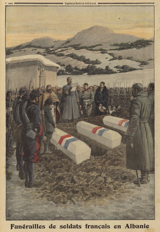 Funeral de soldados franceses que murieron en Albania durante la retirada de Serbia, Primera Guerra Mundial de Louis Charles (after) Bombled