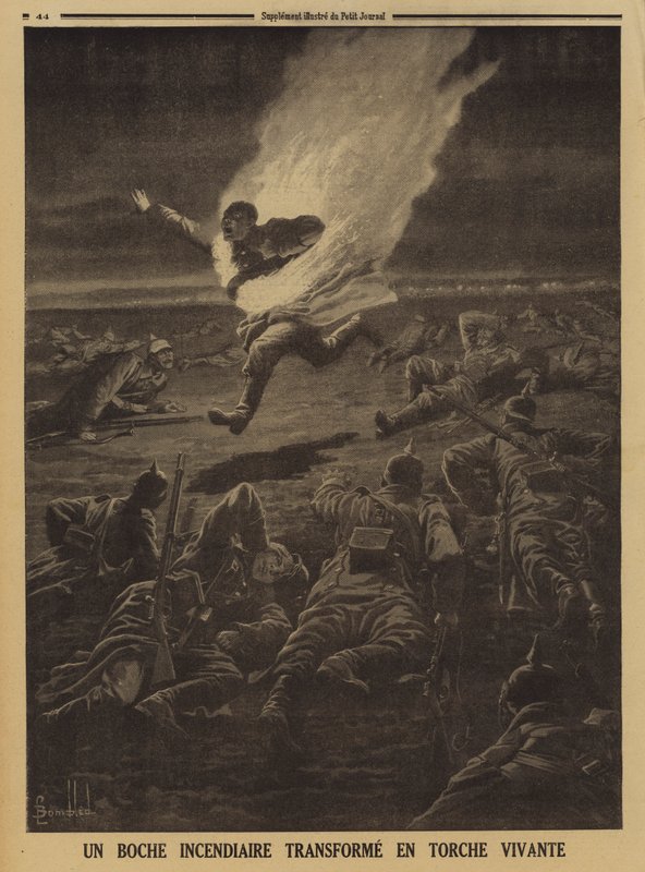 Soldado alemán llevando materiales inflamables convertido en una antorcha humana durante una batalla nocturna, Primera Guerra Mundial de Louis Charles (after) Bombled