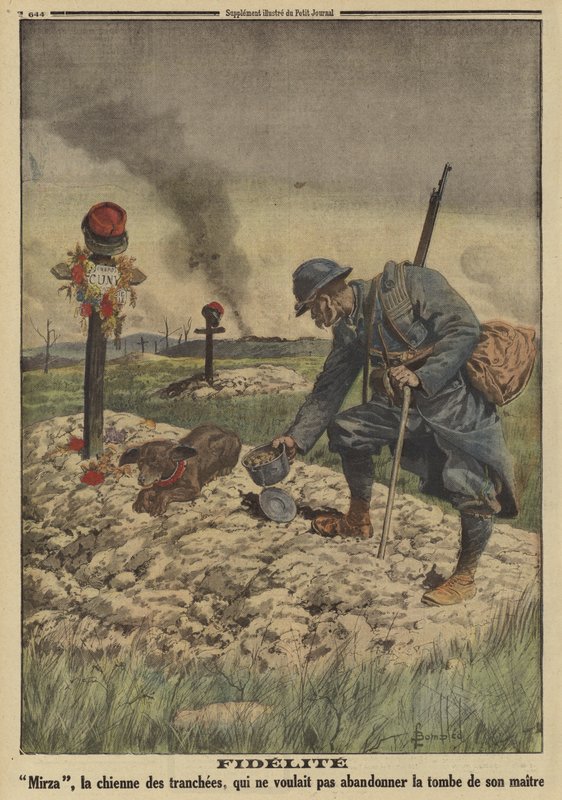 Lealtad: perro del ejército francés negándose a dejar la tumba de su amo muerto, Primera Guerra Mundial de Louis Charles (after) Bombled
