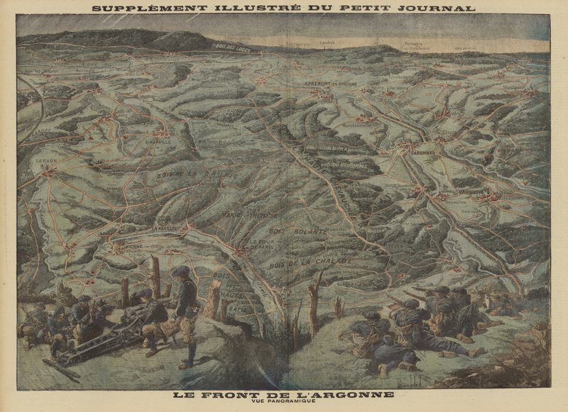 Vista panorámica del sector del Bosque de Argonne del Frente Occidental, Primera Guerra Mundial de Louis Charles (after) Bombled