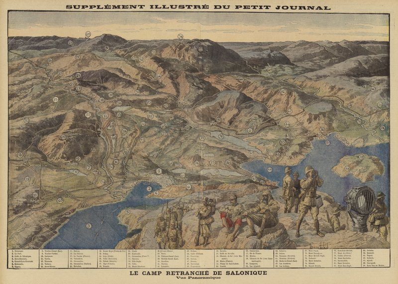 Vista panorámica del campamento aliado atrincherado en Salónica, Grecia, Primera Guerra Mundial de Louis Charles (after) Bombled