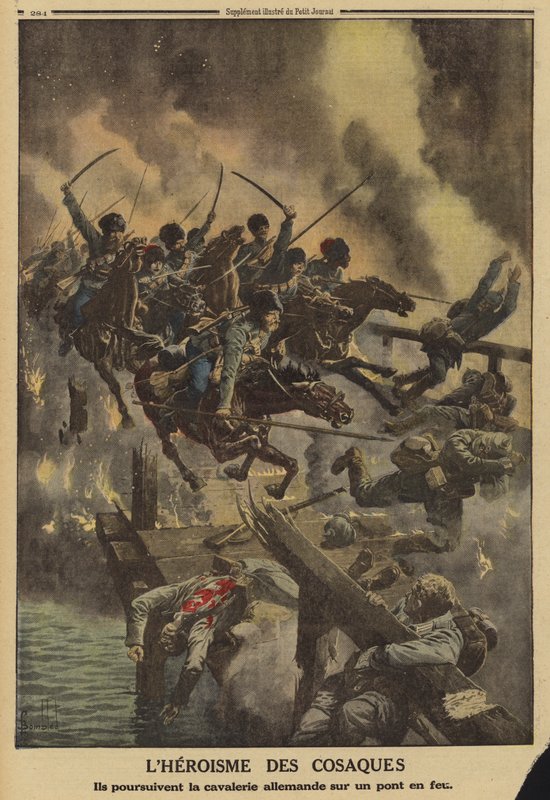 Cosacos rusos persiguiendo a la caballería alemana a través de un puente en llamas sobre el río Strypa, Primera Guerra Mundial de Louis Charles (after) Bombled
