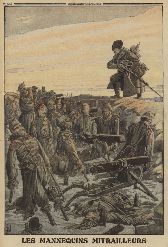 Soldado ruso descubriendo una trinchera alemana con ametralladoras manejadas por soldados maniquíes; Primera Guerra Mundial de Louis Charles (after) Bombled