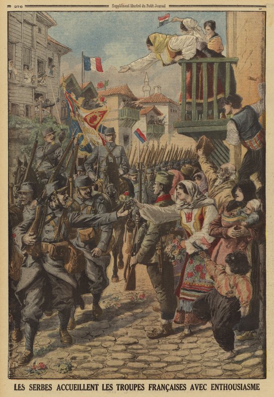 Civiles serbios saludando con entusiasmo la llegada de las tropas francesas, Primera Guerra Mundial de Louis Charles (after) Bombled