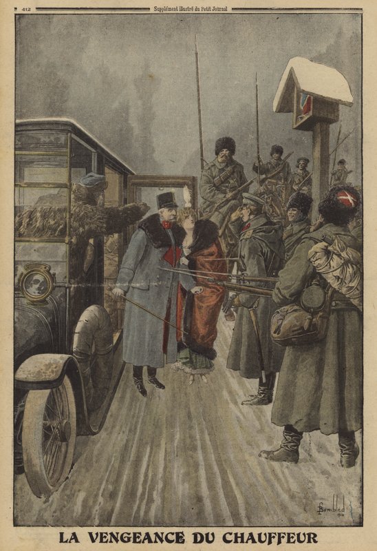El conductor del general austriaco Skarbonovitch entregando al general y su esposa a la cautividad de los rusos en venganza por ser golpeado repetidamente por él, Primera Guerra Mundial de Louis Charles (after) Bombled