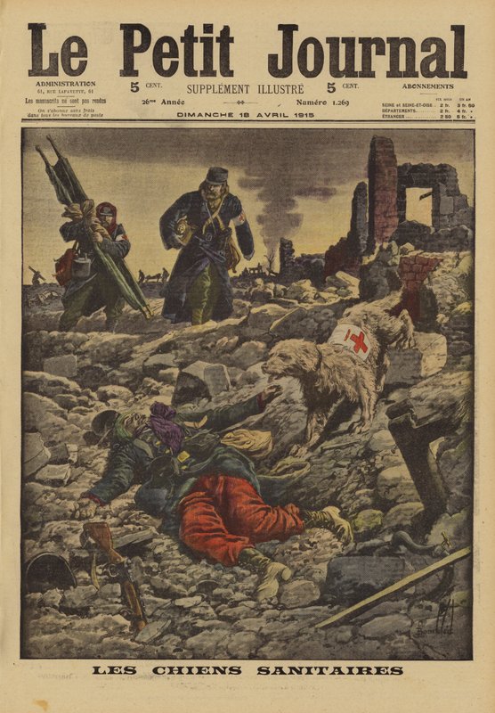 Uso de perros de rescate para buscar heridos, Francia, Primera Guerra Mundial, 1915 de Louis Charles Bombled