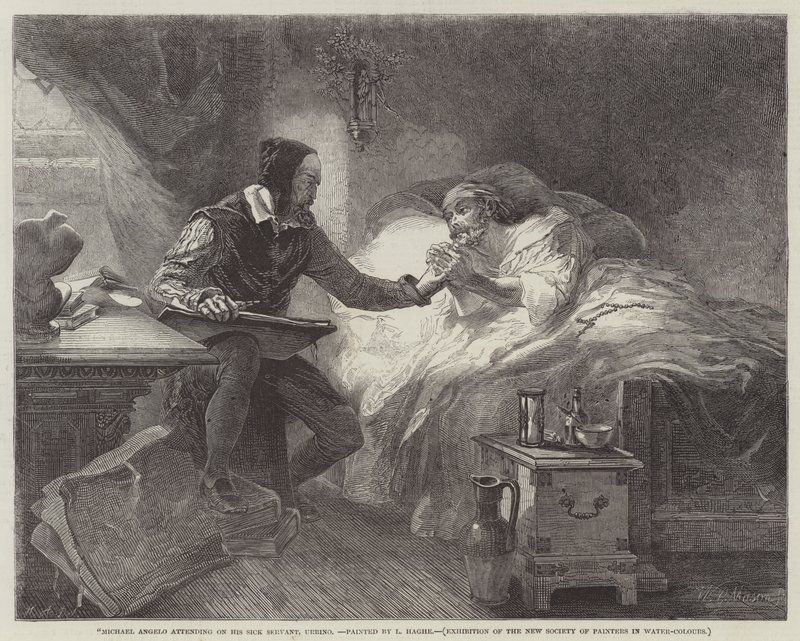 Miguel Ángel atendiendo a su sirviente enfermo, Urbino de Louis Haghe