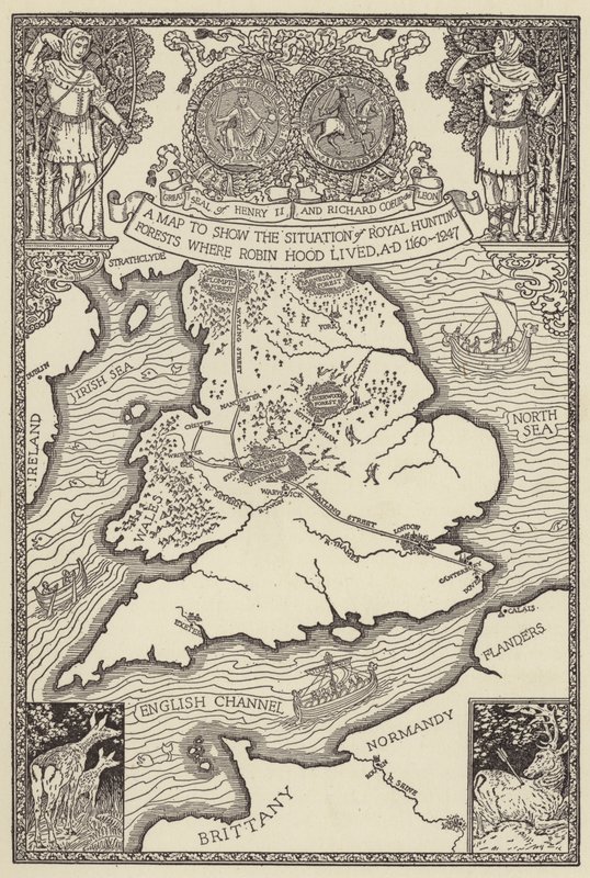 Un mapa para mostrar la situación de los bosques reales de caza donde vivió Robin Hood, AD 1160-1247 de Louis John Rhead