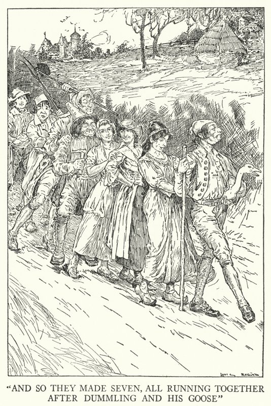 Y así hicieron siete, todos corriendo juntos tras Dummling y su ganso de Louis John Rhead