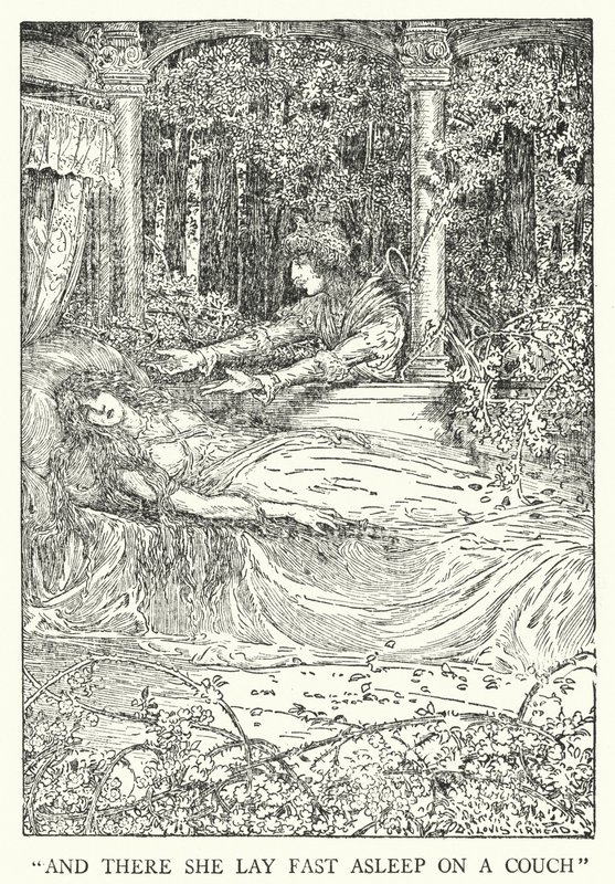 "Y allí yacía profundamente dormida en un sofá" de Louis John Rhead