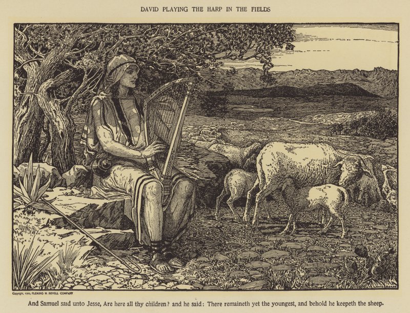 David tocando el arpa en los campos de Louis John Rhead