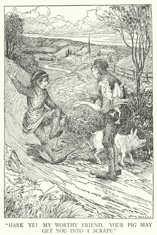 "¡Oye! Mi buen amigo, tu cerdo puede meterte en un lío" (litografía) de Louis John Rhead