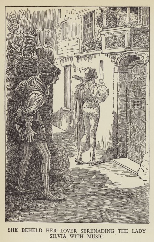 Ella contemplaba a su amante serenateando a la dama Silvia con música de Louis John Rhead