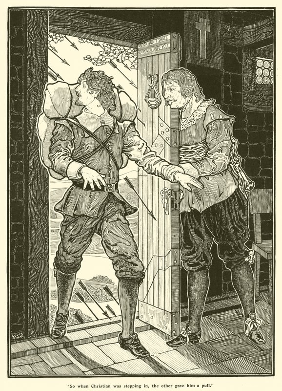 Entonces, cuando Christian estaba entrando, el otro le dio un tirón (grabado) de Louis John Rhead