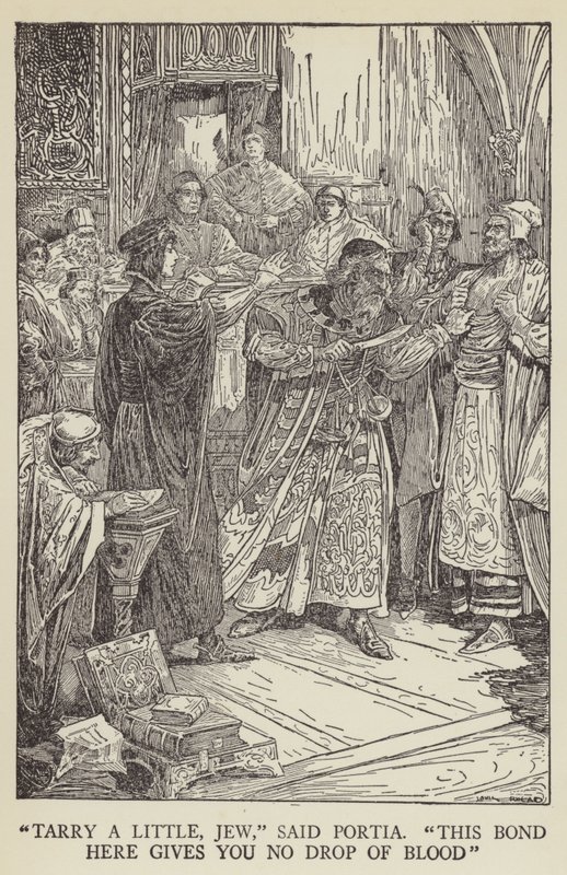 Espera un poco, judío, dijo Porcia, este contrato no te da ni una gota de sangre de Louis John Rhead