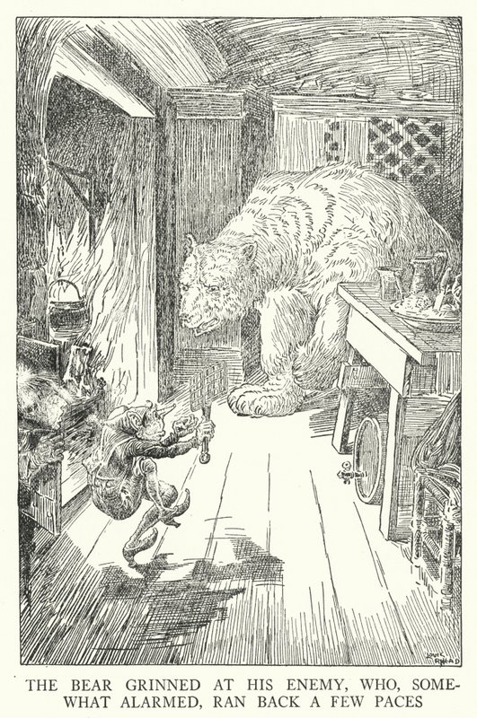 El oso sonrió a su enemigo, quien, algo alarmado, retrocedió unos pasos (litografía) de Louis John Rhead