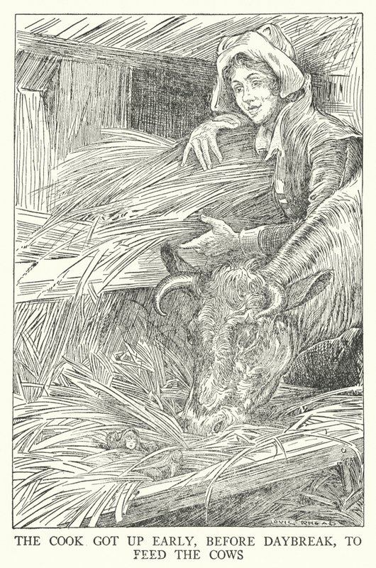 El cocinero se levantó temprano, antes del amanecer, para alimentar a las vacas (litografía) de Louis John Rhead