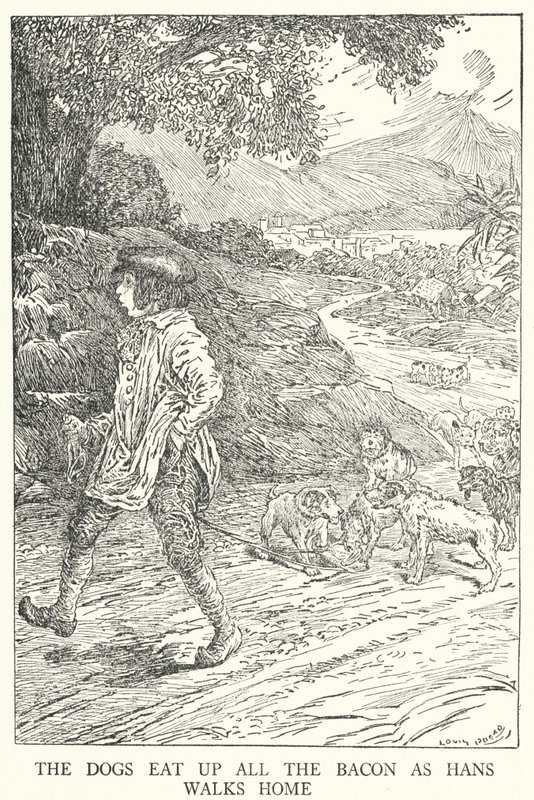 Los perros se comen todo el tocino mientras Hans camina a casa de Louis John Rhead