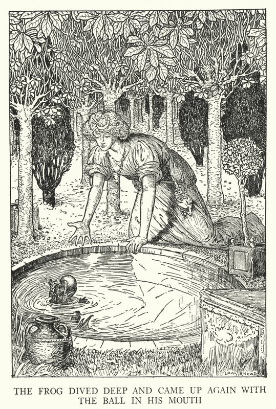 La rana se sumergió y volvió a salir con la pelota en la boca (litografía) de Louis John Rhead