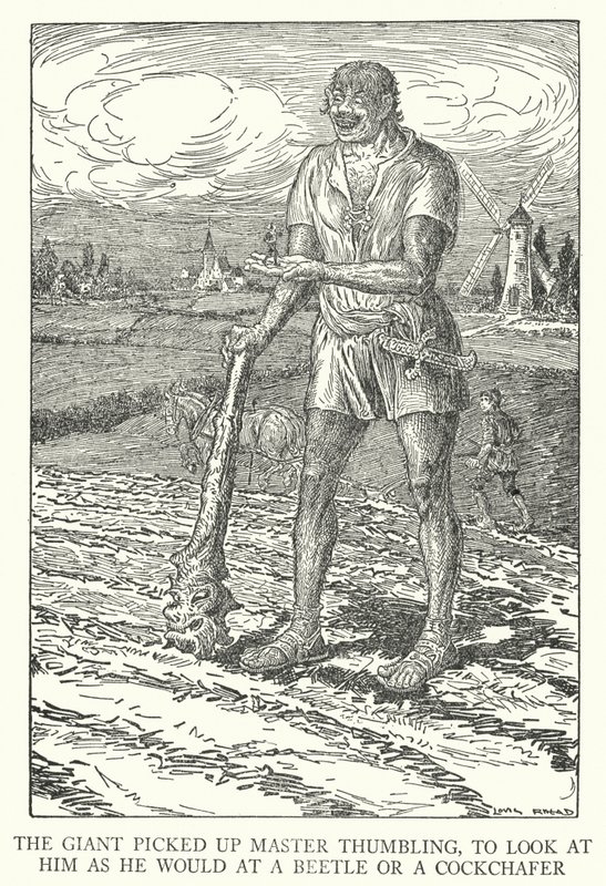 El gigante recogió al Maestro Pulgarcito, para mirarlo como lo haría con un escarabajo o un escarabajo de mayo (litografía) de Louis John Rhead