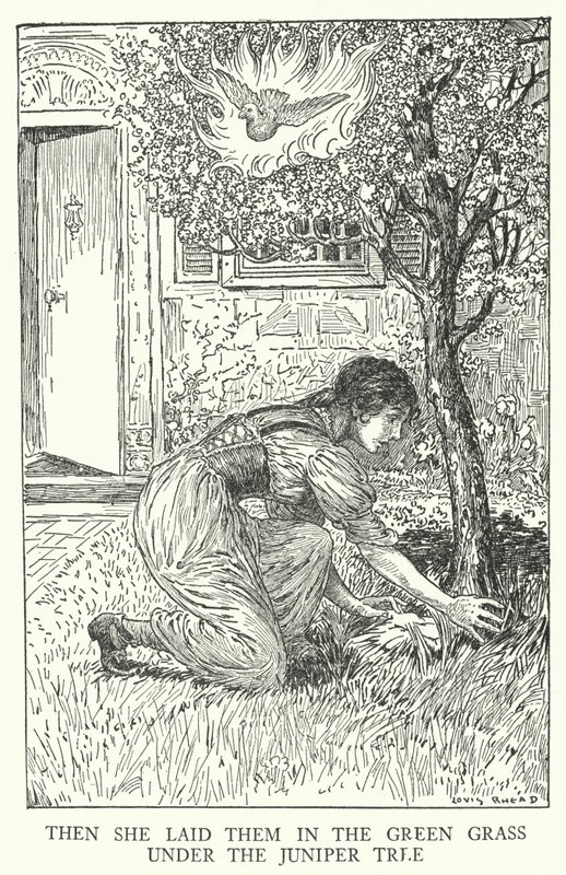 Entonces los puso en la hierba verde bajo el enebro (litografía) de Louis John Rhead