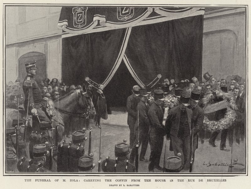 El funeral de M. Zola, llevando el ataúd desde la casa en la Rue de Bruxelles de Louis Remy Sabattier