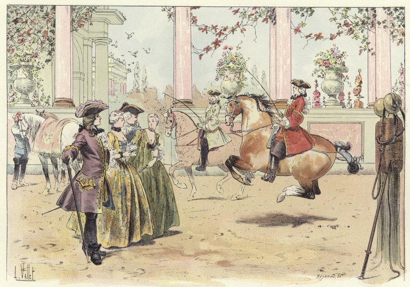 Un grupo de hombres y mujeres viendo una actuación ecuestre de Louis Vallet