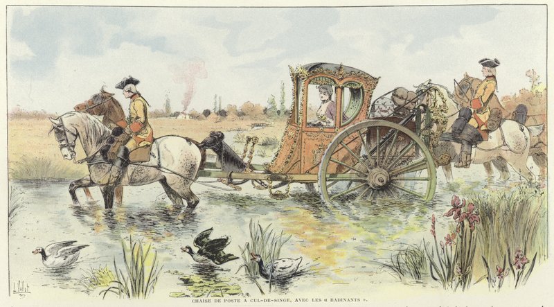 Una mujer viajando en un carruaje tirado por caballos a través de un río de Louis Vallet
