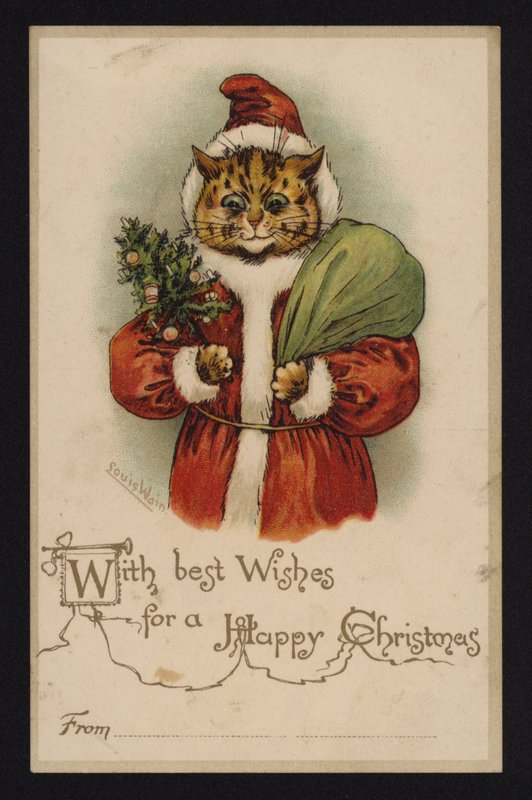 Gato como Santa Claus, tarjeta de felicitación navideña de Louis Wain
