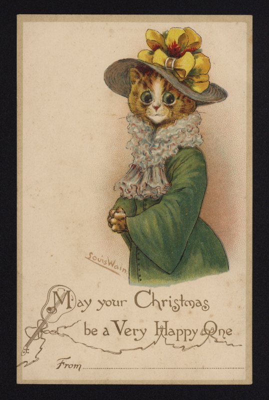 Gato con sombrero y abrigo de mujer, tarjeta de felicitación navideña de Louis Wain