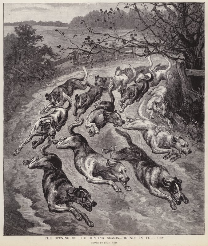 Perros en plena carrera al inicio de la temporada de caza de Louis Wain
