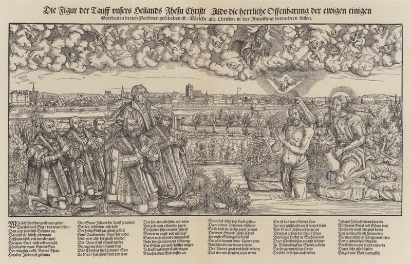 Federico III, Elector de Sajonia y Martín Lutero presenciando el bautismo de Cristo de Lucas the Elder (after) Cranach