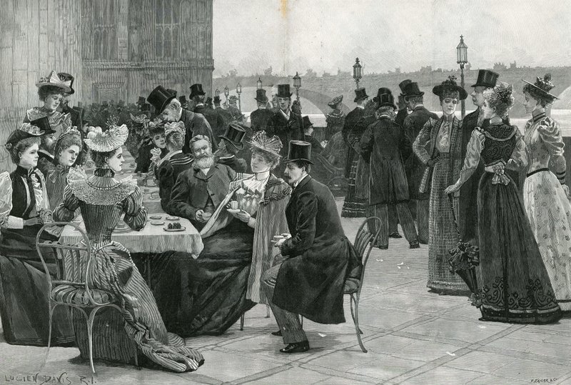 La Cámara de los Comunes: Té en la terraza (litografía) de Lucien Davis