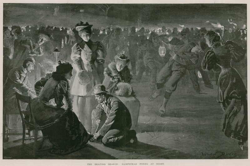 La temporada de patinaje: Hampstead Ponds de noche (litografía) de Lucien Davis