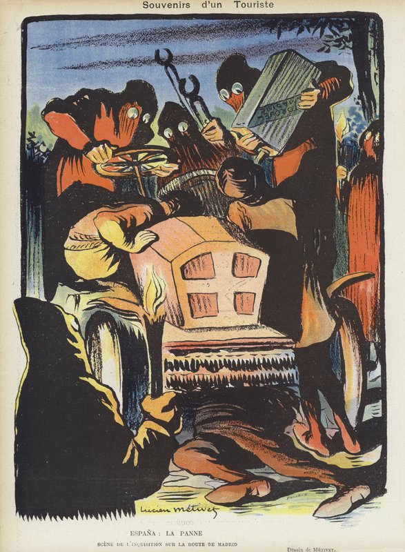 Sátira sobre la carrera de autos París-Madrid de 1903. Ilustración para Le Rire de Lucien Metivet