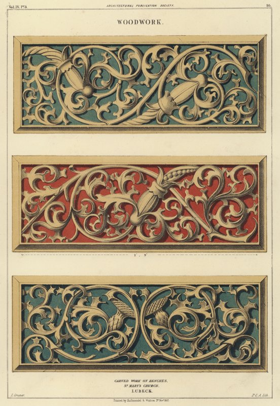 Trabajo en madera tallada en los bancos de la Iglesia de Santa María, Lubeck, Alemania de Ludwig Gruner