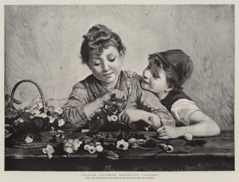 Niños italianos arreglando flores de Luigi Bechi